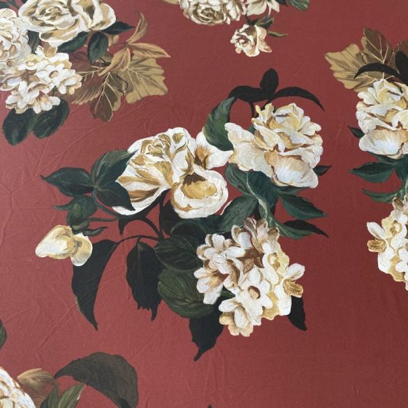 Tecido Malha Fluity Estampado Rose Vintage Marsala • Conexão Tecidos