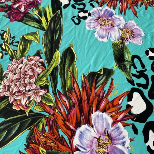 Tecido Malha Fluity Estampado Tropical Jungle Chic • Conexão Tecidos