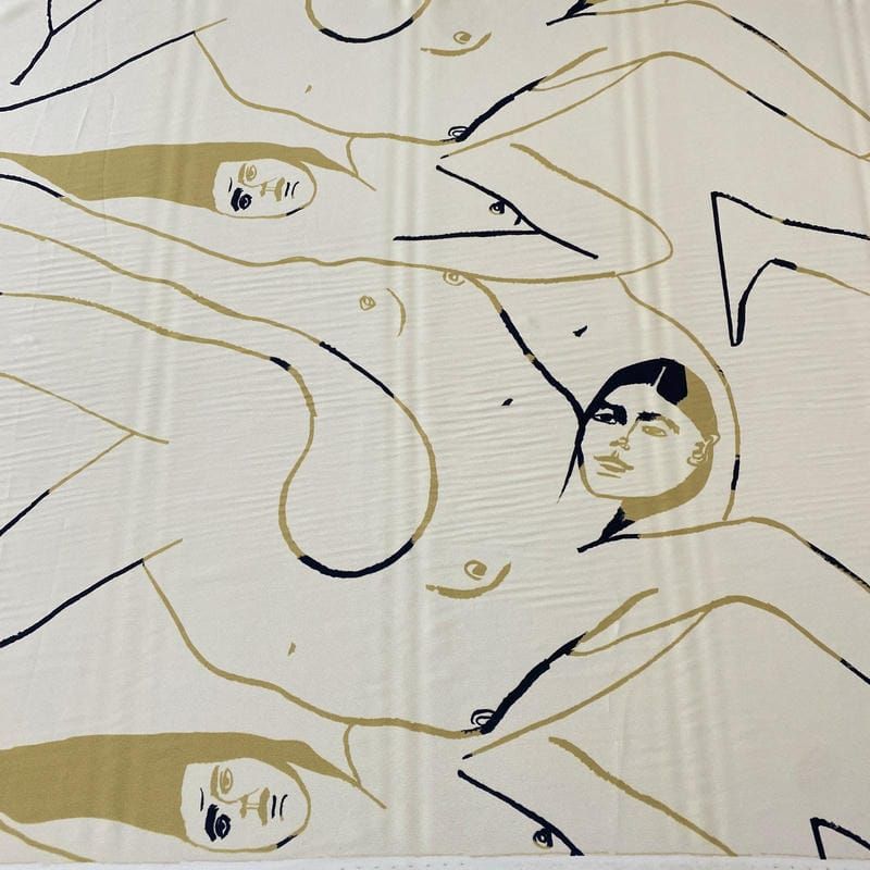 Tecido Crepe de Chine Estampado Art Line Faces Nude • Conexão Tecidos