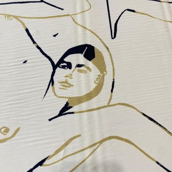 Tecido Crepe de Chine Estampado Art Line Faces Nude • Conexão Tecidos