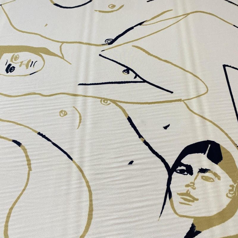 Tecido Crepe de Chine Estampado Art Line Faces Nude • Conexão Tecidos