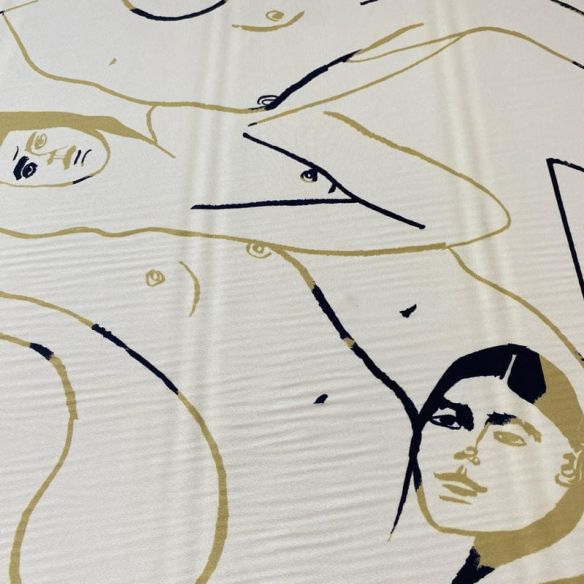 Tecido Crepe de Chine Estampado Art Line Faces Nude • Conexão Tecidos