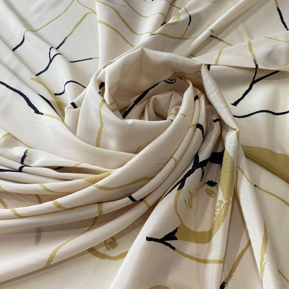 Tecido Crepe de Chine Estampado Art Line Faces Nude • Conexão Tecidos