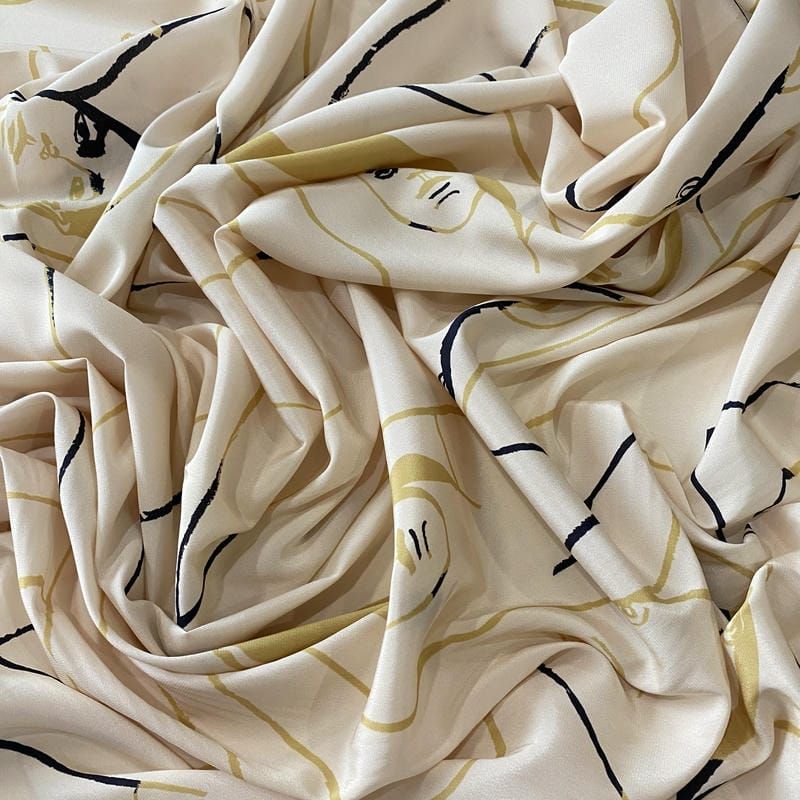 Tecido Crepe de Chine Estampado Art Line Faces Nude • Conexão Tecidos