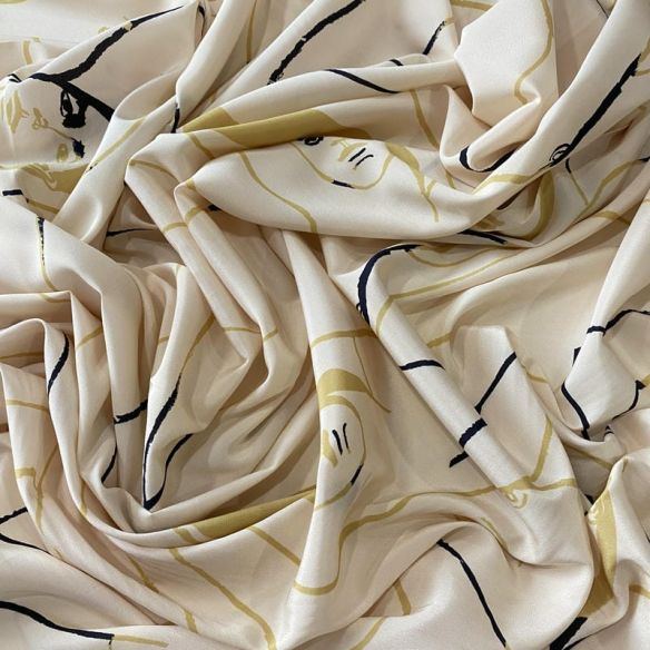 Tecido Crepe de Chine Estampado Art Line Faces Nude • Conexão Tecidos