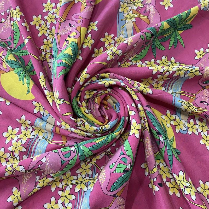 Tecido Crepe de Chine Estampado Flamingo Tropical • Conexão Tecidos