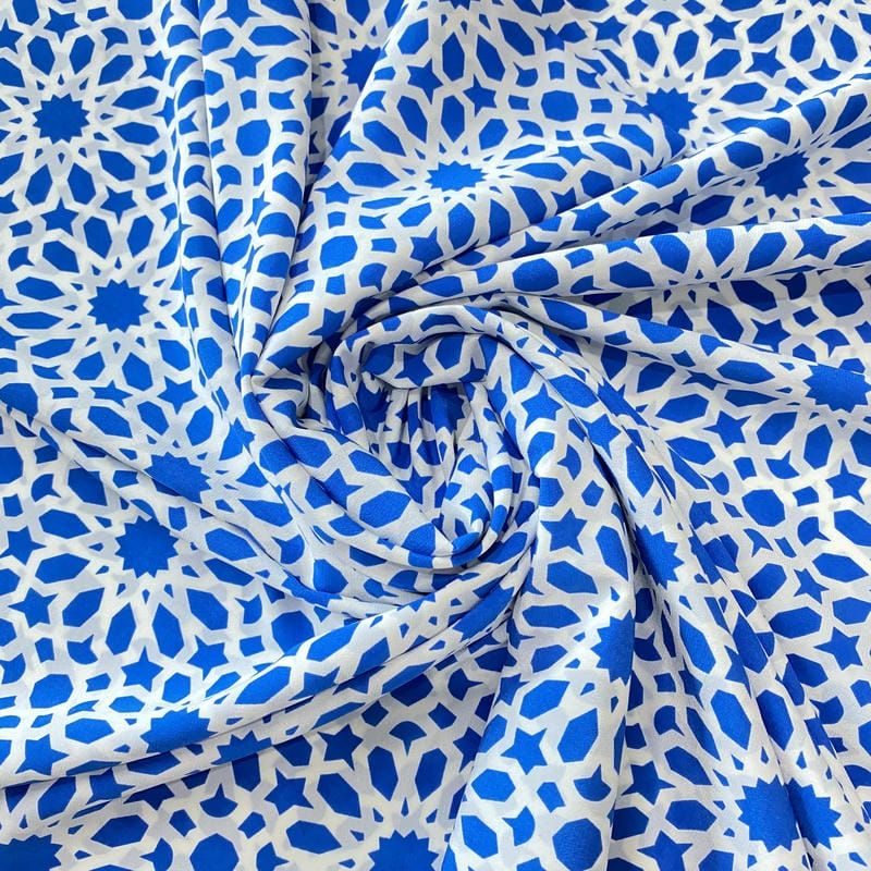 Tecido Crepe de Chine Estampado Arabesco Royal Tile • Conexão Tecidos