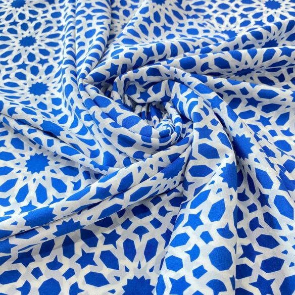 Tecido Crepe de Chine Estampado Arabesco Royal Tile • Conexão Tecidos