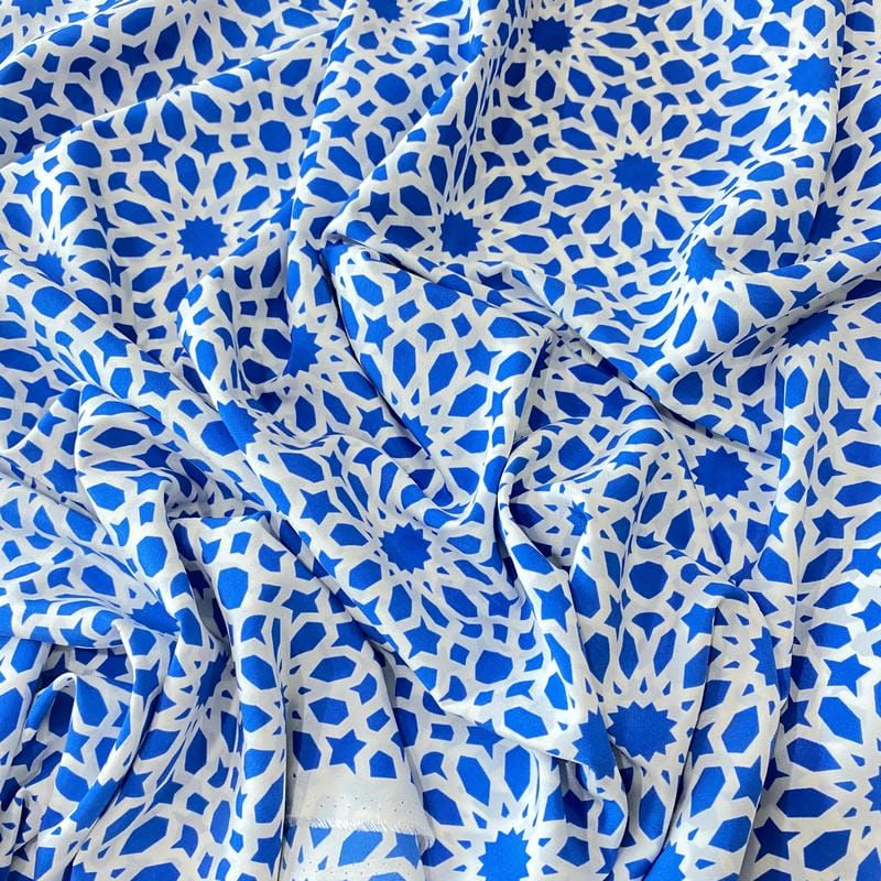 Tecido Crepe de Chine Estampado Arabesco Royal Tile • Conexão Tecidos
