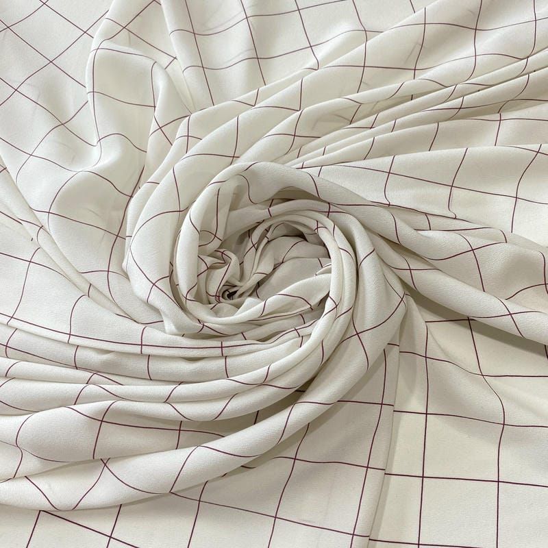 Tecido Crepe de Chine Estampado Grid Minimal Wine • Conexão Tecidos
