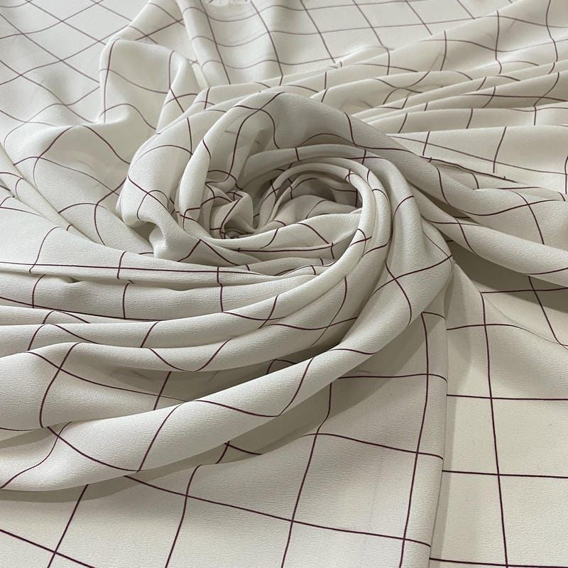 Tecido Crepe de Chine Estampado Grid Minimal Wine • Conexão Tecidos