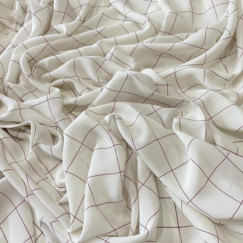 Tecido Crepe de Chine Estampado Grid Minimal Wine • Conexão Tecidos