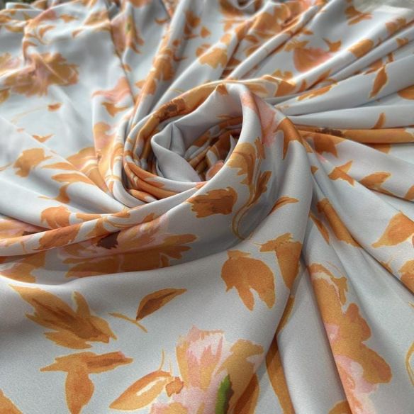 Tecido Cetim Toque De Seda Estampada Orange • Conexão Tecidos