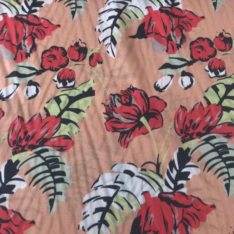 Tecido Crepe de Chine Estampado Tropical Hibisco Pêssego • Conexão
