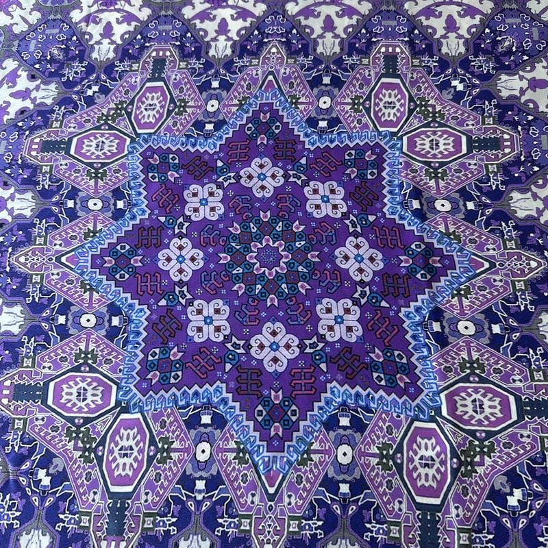 Tecido Cetim de Seda Estampado Mandala Boho Roxa • Conexão Tecidos