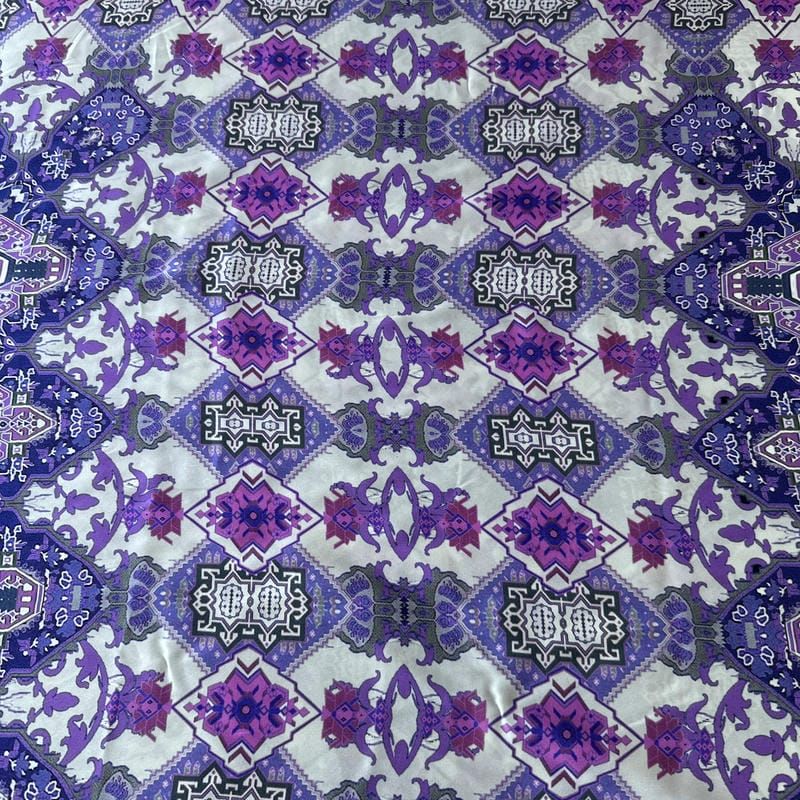 Tecido Cetim de Seda Estampado Mandala Boho Roxa • Conexão Tecidos