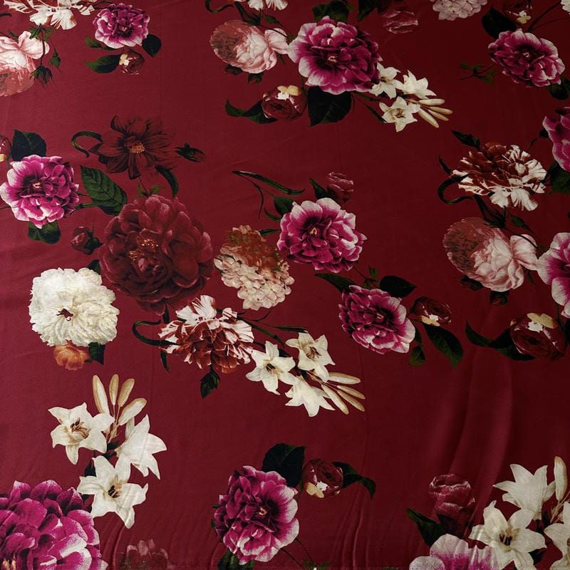 Tecido Cetim de Seda Estampado Floral Botânico Marsala • Conexão