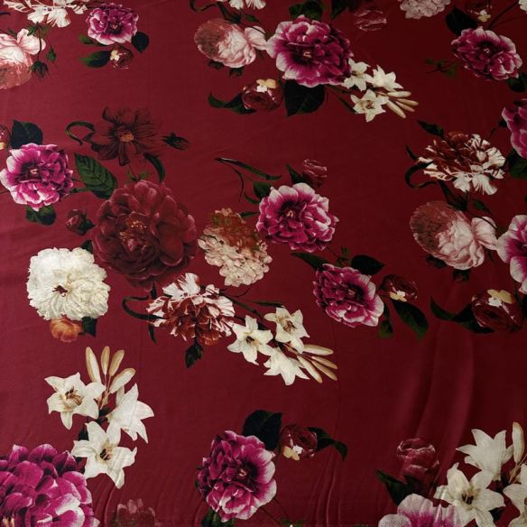 Tecido Cetim de Seda Estampado Floral Botânico Marsala • Conexão