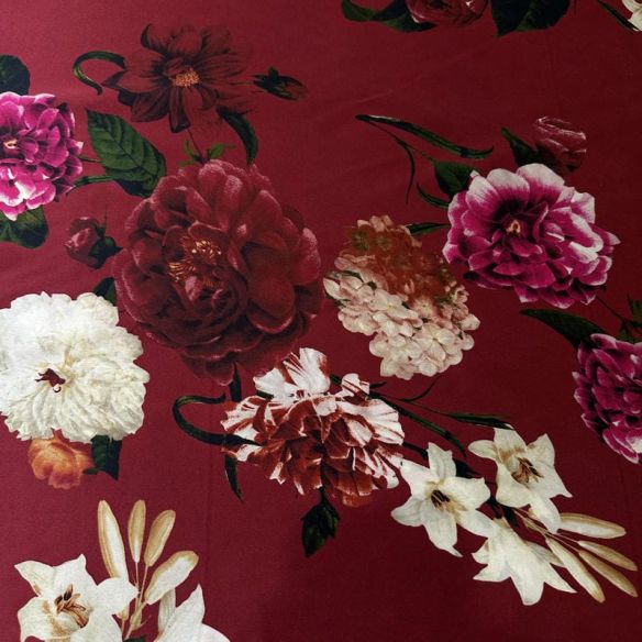 Tecido Cetim de Seda Estampado Floral Botânico Marsala • Conexão