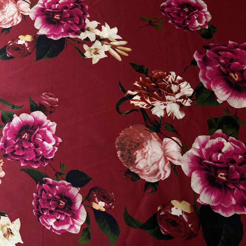 Tecido Cetim de Seda Estampado Floral Botânico Marsala • Conexão