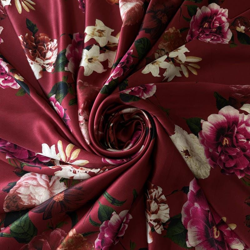 Tecido Cetim de Seda Estampado Floral Botânico Marsala • Conexão