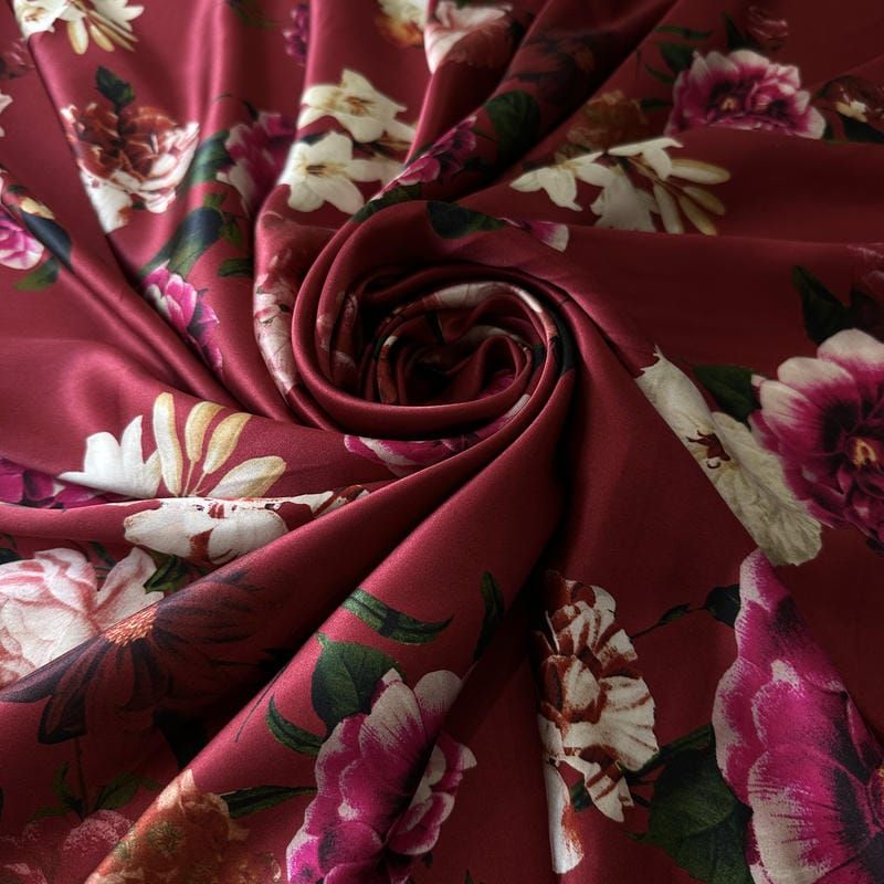 Tecido Cetim de Seda Estampado Floral Botânico Marsala • Conexão