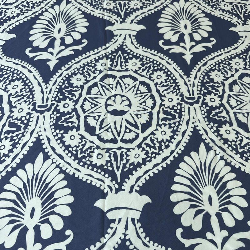 Tecido Crepe de Chine Estampado Arabesco Colonial Azul • Conexão