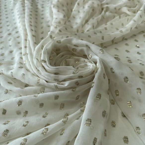 Tecido Musseline De Seda Estampada Lurex Dourado Off White • Conexão