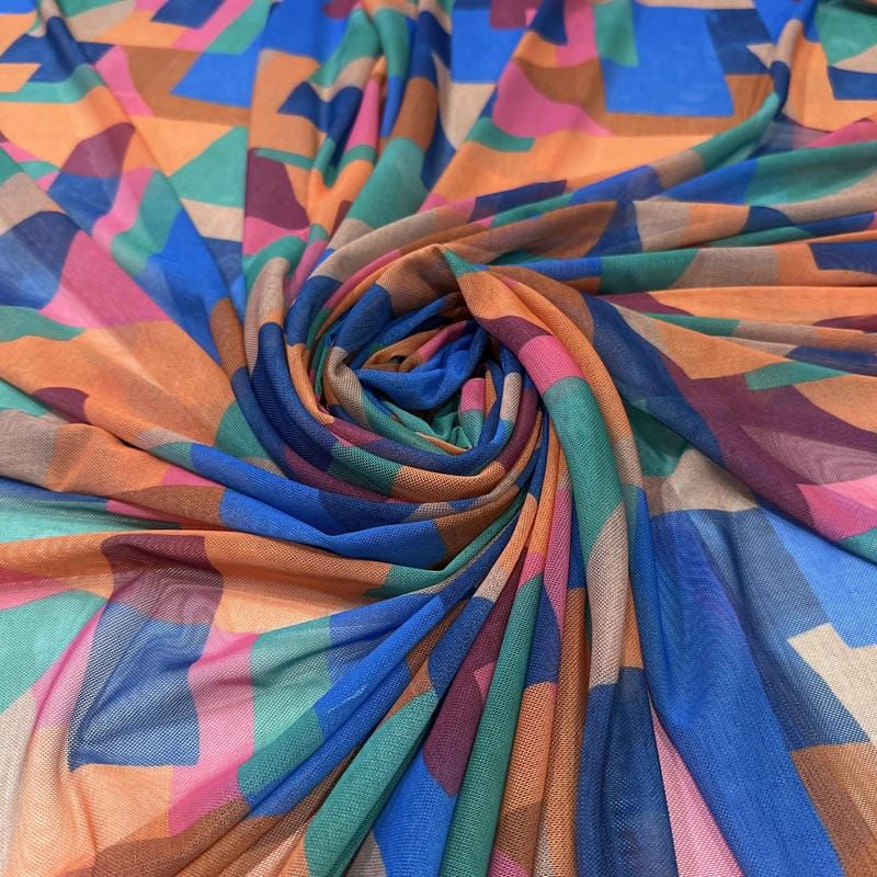 Tecido Tule De Malha Estampado Color Block Retrô • Conexão Tecidos