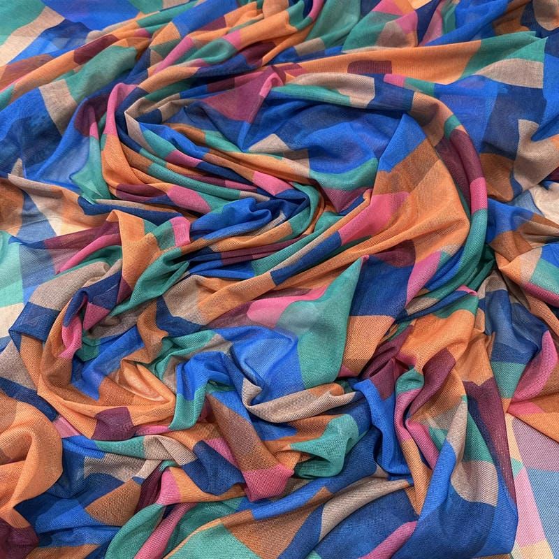 Tecido Tule De Malha Estampado Color Block Retrô • Conexão Tecidos