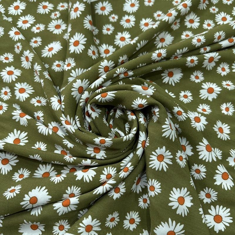 Tecido Viscose Estampada Margarida Oliva Natural • Conexão Tecidos