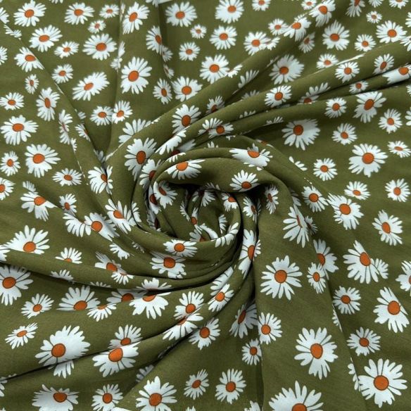 Tecido Viscose Estampada Margarida Oliva Natural • Conexão Tecidos