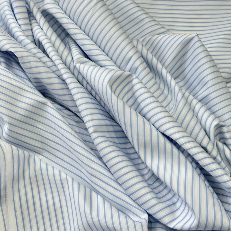 Tecido Tricoline Estampado Listrado Delicado Azul • Conexão Tecidos