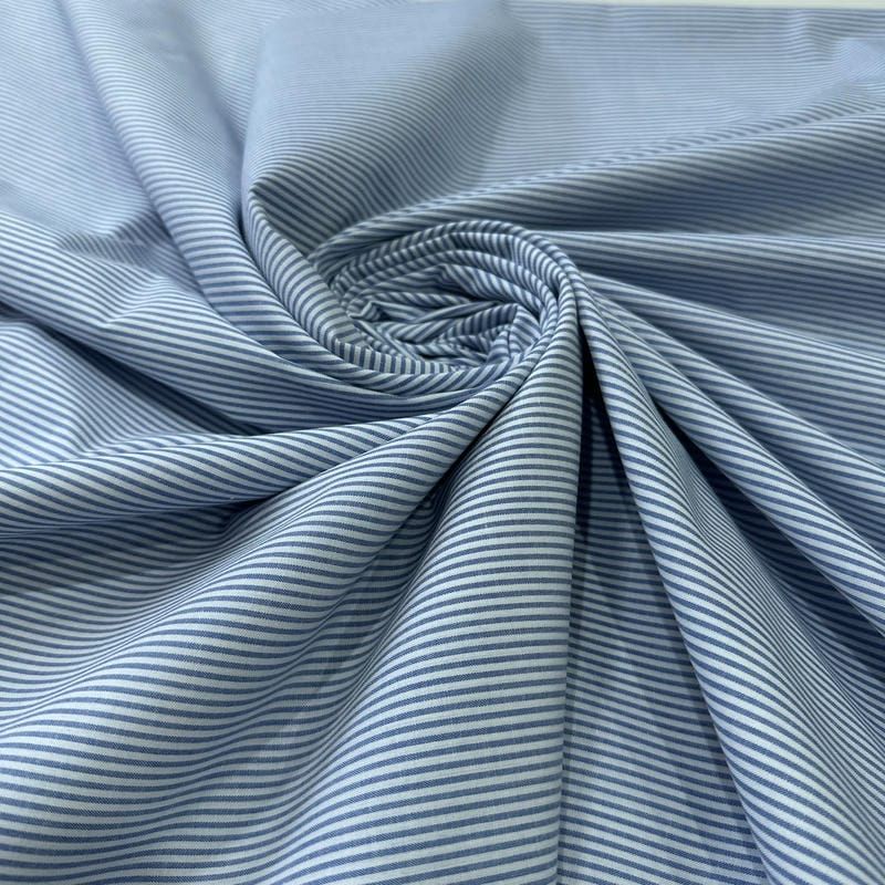 Tecido Tricoline Estampado Listrado Azul Chambray • Conexão Tecidos