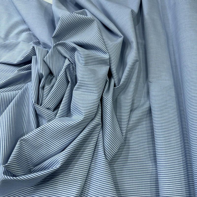 Tecido Tricoline Estampado Listrado Azul Chambray • Conexão Tecidos